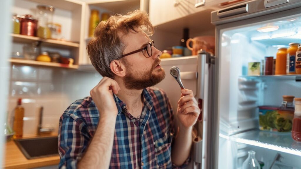 Techniker prüft Kühlschrank auf Defekte, um zu demonstrieren, wie kann man feststellen ob der Kühlschrank wirklich kaputt ist
