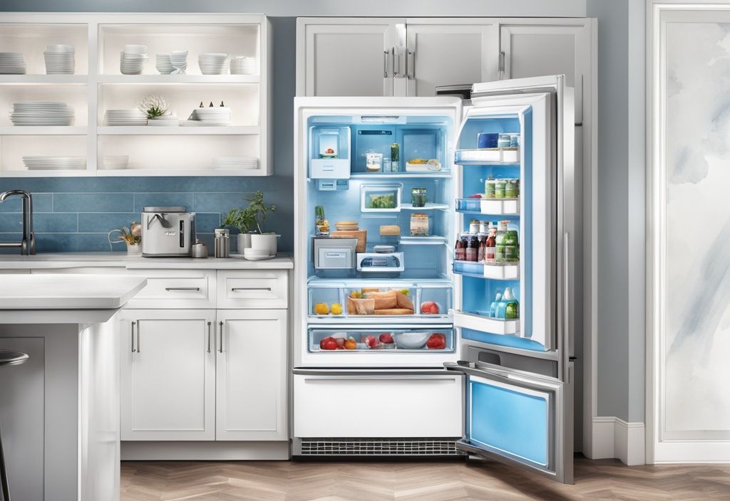 Moderne Aquarellillustration eines blauen PKM Kühlschranks mit Fünf-Sterne-Bewertung und positiven PKM Kühlschrank Erfahrungen.