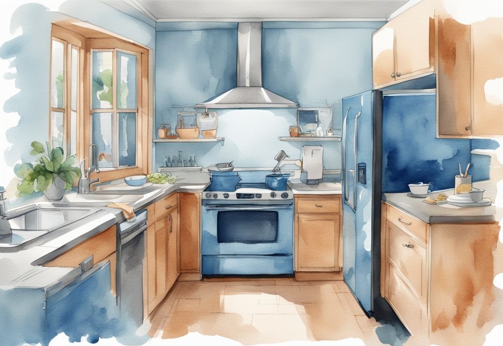 Moderne Aquarellillustration einer modernen Küche mit einem hochmodernen Kühlschrank, der einen eingebauten Fernseher hat, Hauptfarbe Blau.