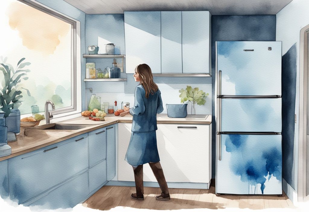 Moderne Aquarellillustration eines freistehenden Kühl-Gefrierkombination in einer modernen Küche, Person untersucht Funktionen und Leistung, Hauptfarbe Blau