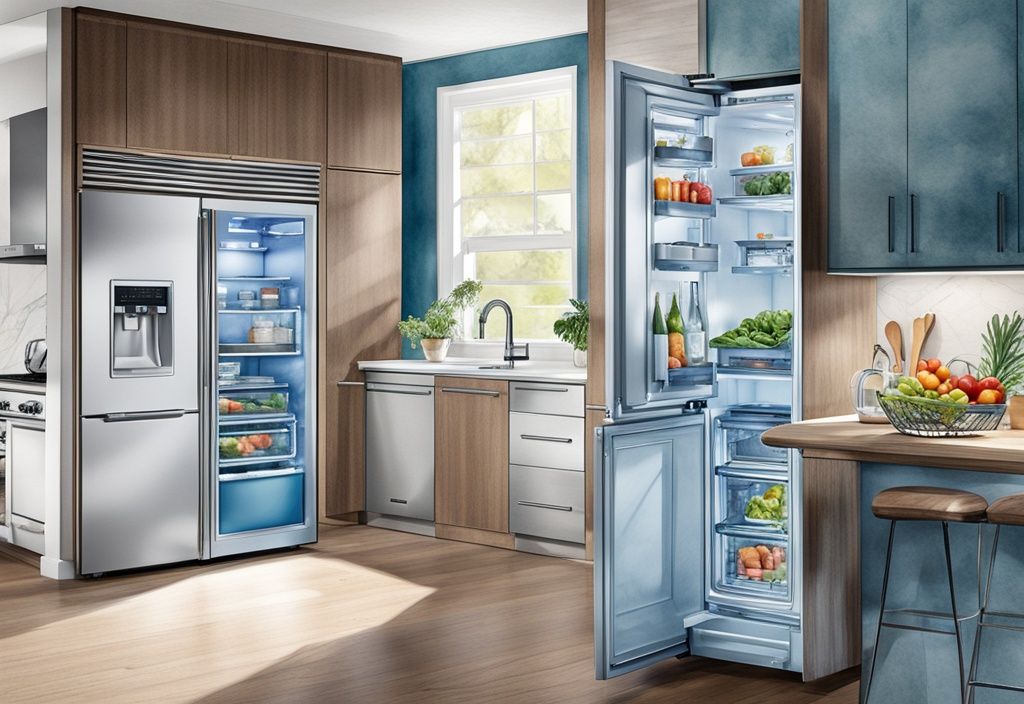 Moderne Aquarell-Illustration einer Küche mit Siemens Kühlschrank iQ300, Türen offen, frisches Obst und Getränke, Hauptfarbe Blau