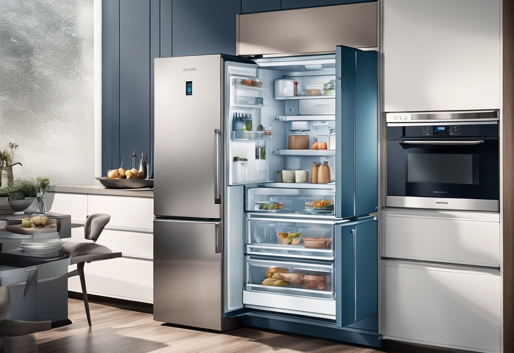 Moderner Aquarellillustration eines offenen Siemens Kühlschrank iQ300 in einer stilvollen Küche, der seinen geräumigen Innenraum und innovative Funktionen zeigt.