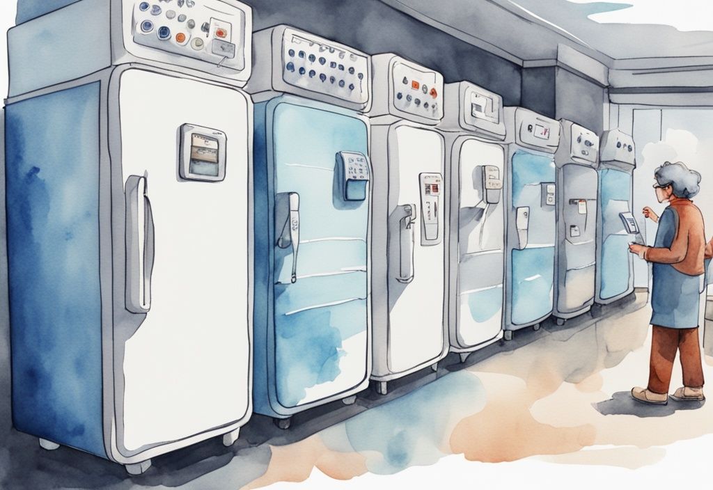 Moderne Aquarellillustration in Blau mit einer Reihe von Mini Kühlschränken, jeder mit digitalem Thermometer, während eine Person die Messwerte notiert – ideal für deinen Mini Kühlschrank Test.