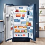 Moderne Aquarell-Illustration eines PKM Kühlschranks mit Fünf-Sterne-Bewertung und positiven PKM Kühlschrank Erfahrungen in Blau.