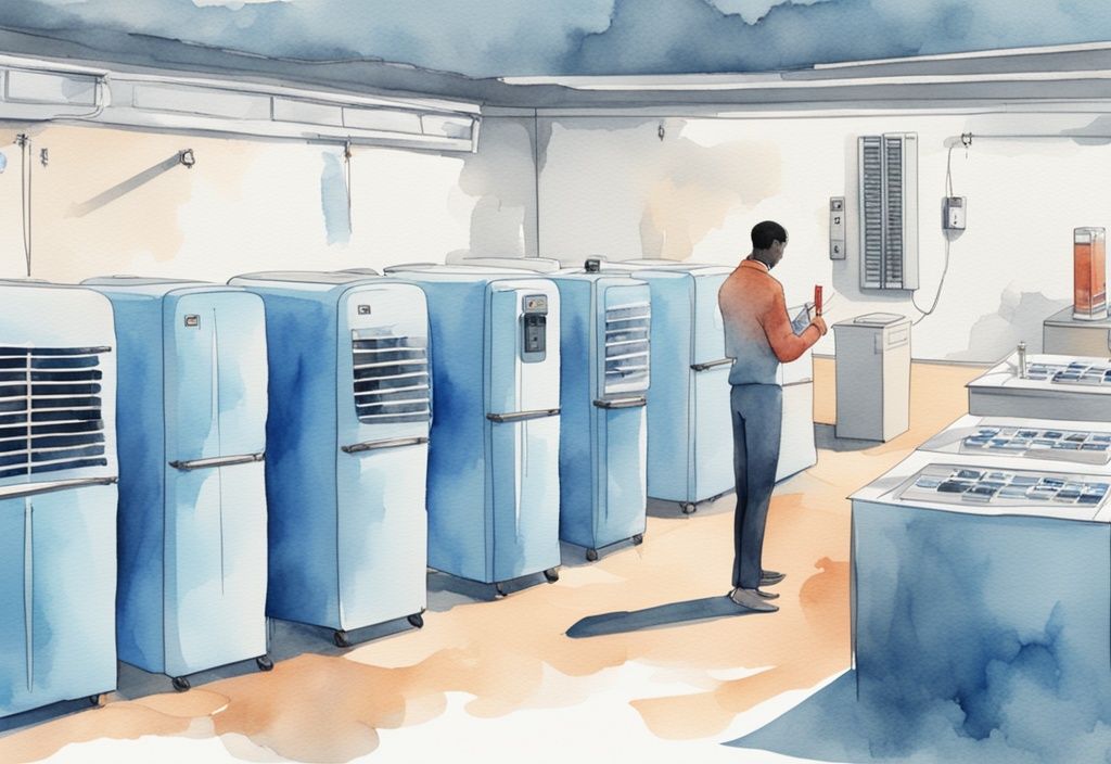 Moderne Aquarellillustration in Blau: Person testet die Kühlleistung verschiedener Mini-Kühlschränke mit einem digitalen Thermometer.