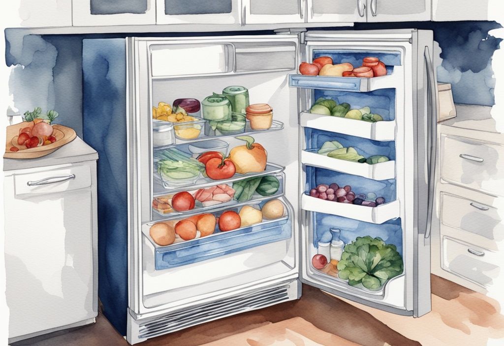 Moderne Aquarell-Illustration eines offenen Side-by-Side-Kühlschranks, gefüllt mit frischen Lebensmitteln, Hauptfarbthema Blau