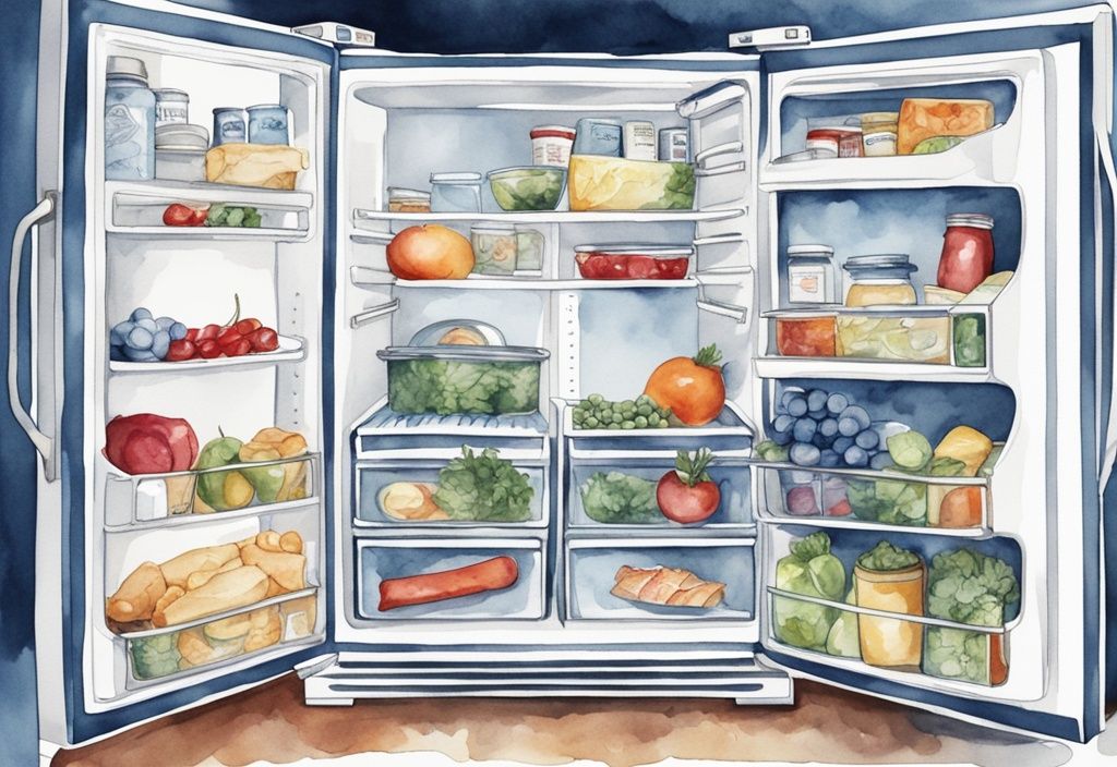 Moderne Aquarellillustration eines offenen Side-by-Side-Kühlschranks, gefüllt mit frischen Lebensmitteln, Hauptfarbe Blau.