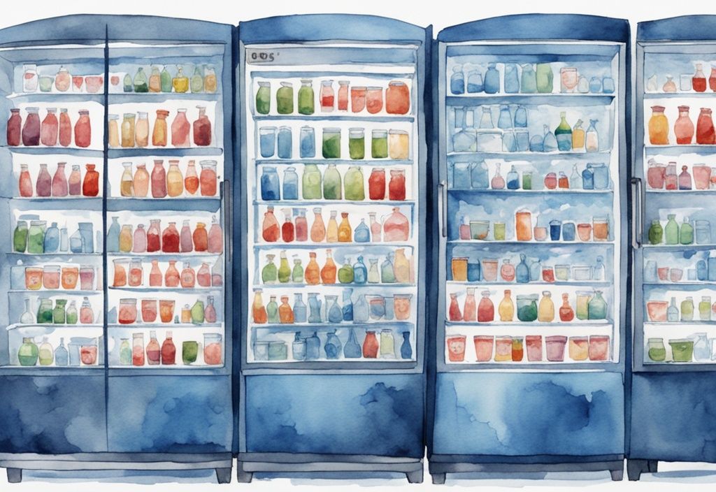 Moderne Aquarell-Illustration in Blau: Getränkekühlschränke mit verschiedenen Getränken, Person testet die Temperatur eines Kühlschranks.