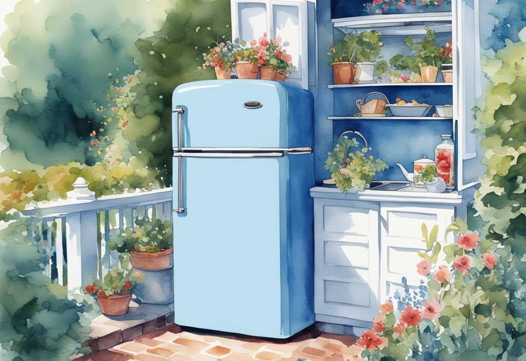 Moderne Aquarellillustration eines erstklassigen Outdoor-Kühlschranks in einem üppigen Garten mit Siegerband, Hauptfarbe Blau.
