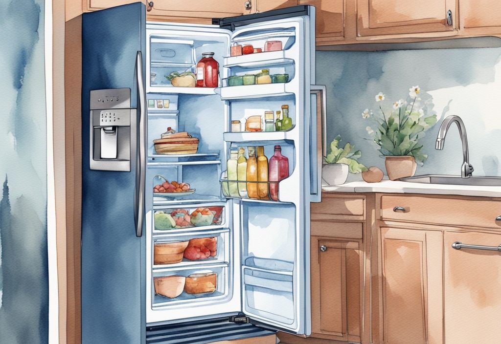 Moderne Aquarellillustration in Blau, LG Kühlschrank mit offener Tür, Nahaufnahme des Scharnierwechsels