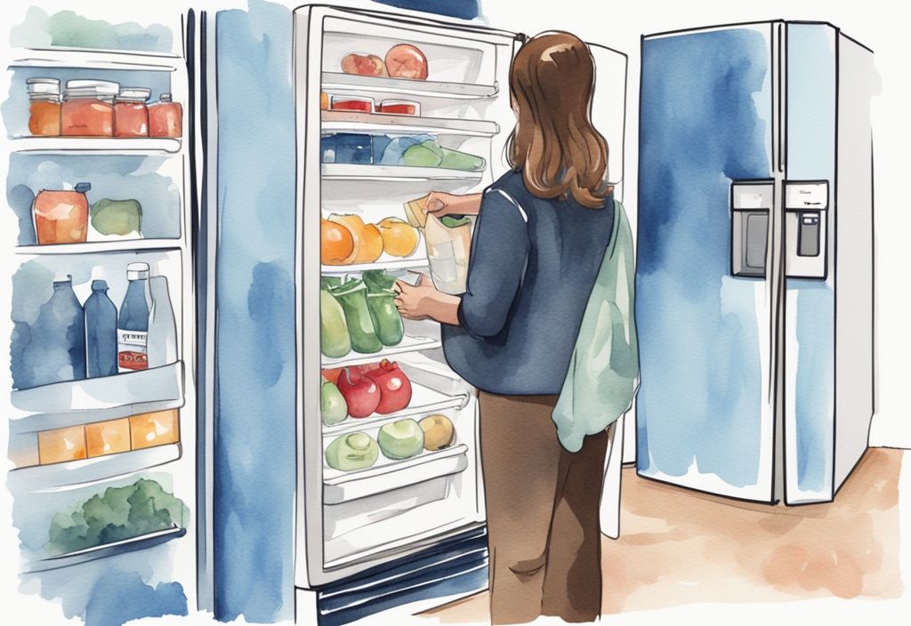 Moderne Aquarellillustration eines glücklichen Menschen beim Kauf eines Kühlschranks mit sichtbarem Zuschussetikett