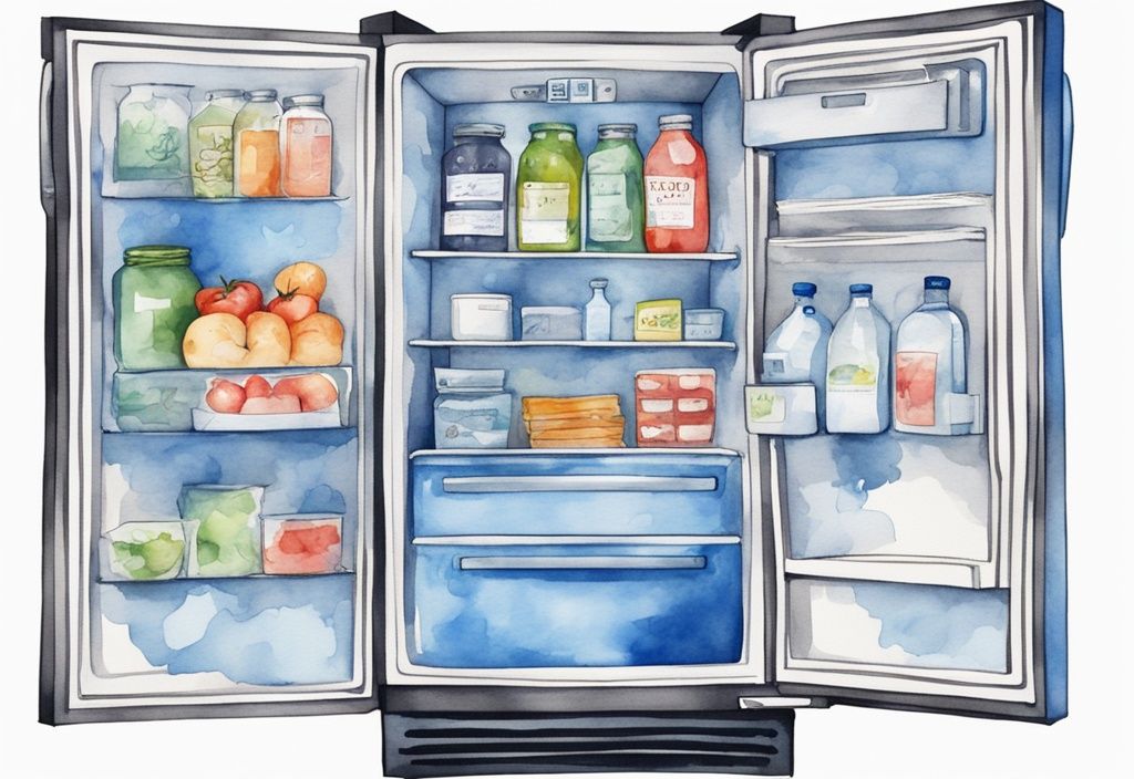 Moderne Aquarellillustration eines energieeffizienten Kühlschranks mit Rabatt und Symbolen für staatliche Förderung und Einsparungen, ideal für Kühlschrank kaufen Förderung.