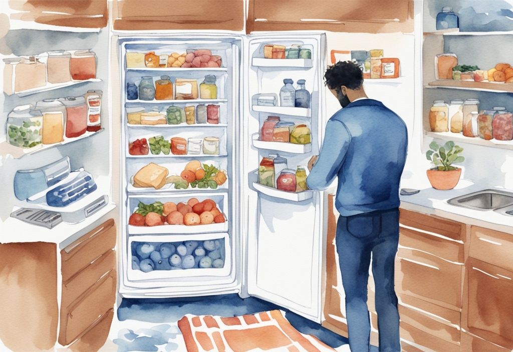 Moderne Aquarell-Illustration eines offenen Einbaukühlschranks voller Lebensmittel, inspiziert von einer Person mit Klemmbrett in der Hand, Hauptfarbthema blau