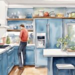 Moderne Aquarellillustration eines blauen Einbaukühlschrank Tests in einer modernen Küche mit einem professionellen Tester.