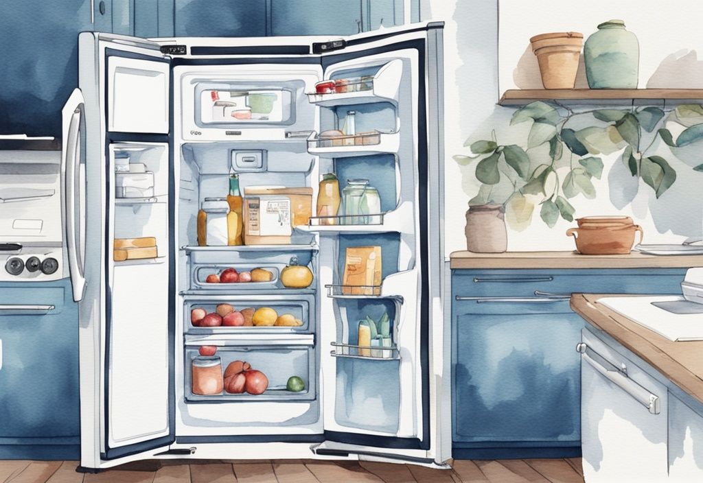 Moderne Aquarell-Illustration in Blau, LG Kühlschrank mit offener Tür und Nahaufnahme vom Scharnierwechsel.