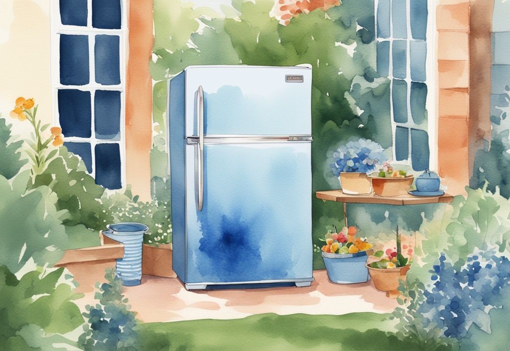 Moderne Aquarellillustration eines Outdoor Kühlschrank Testsieger in einem üppigen Garten mit sichtbarem Preisband oder Pokal.