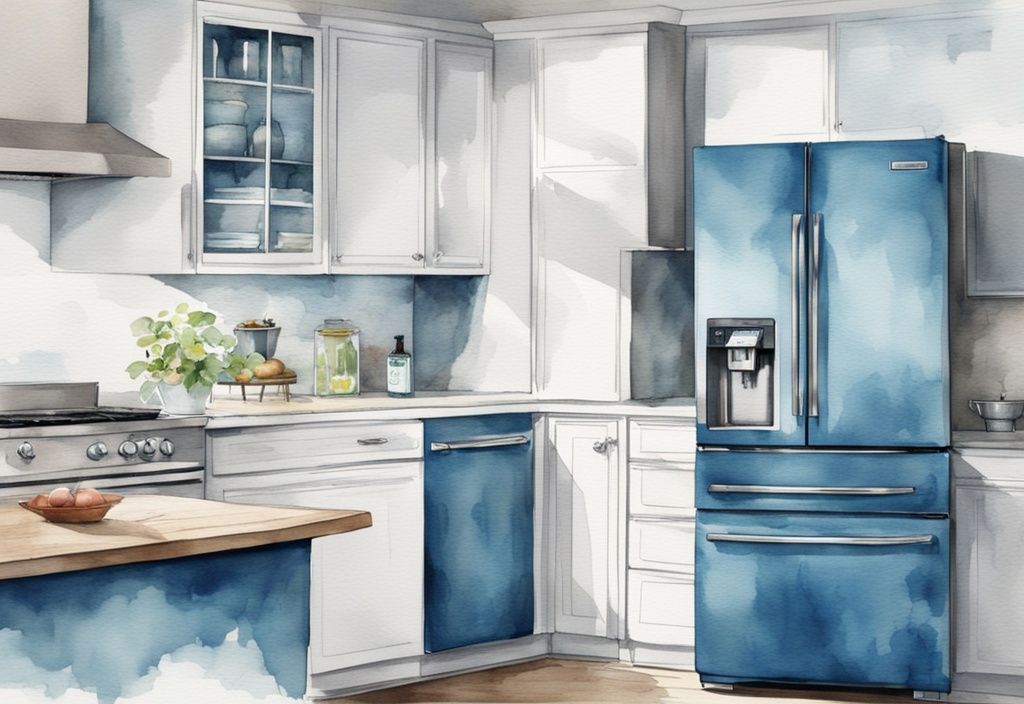 Moderner blauer Kühlschrank mit Wasserspender in heller, zeitgenössischer Küche, Glas wird mit frischem, kaltem Wasser gefüllt