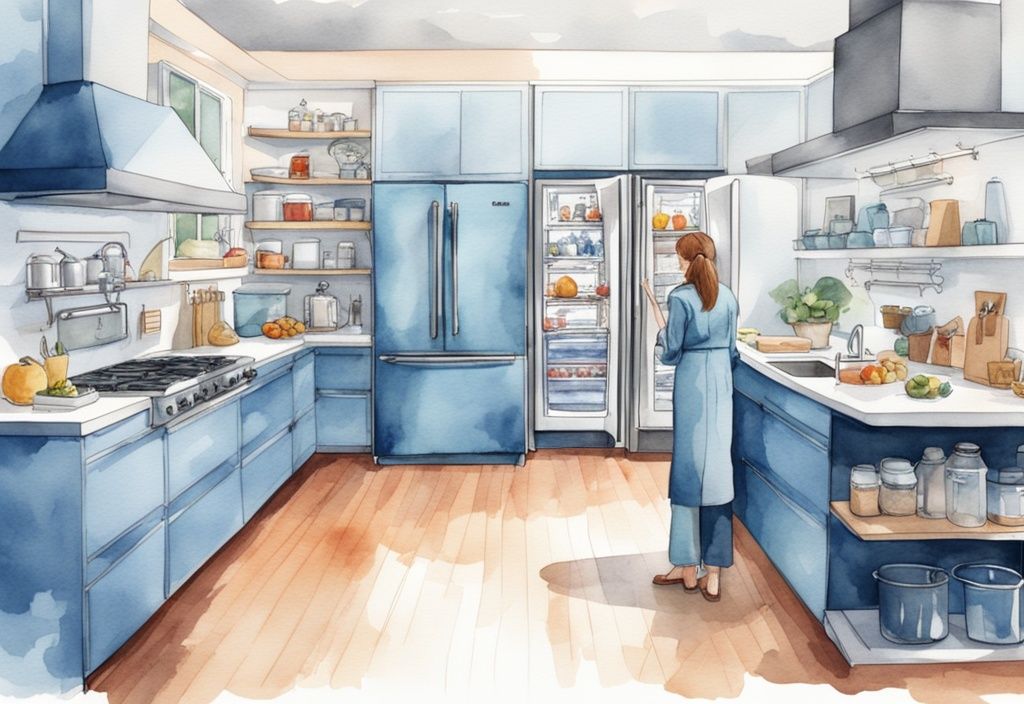 Moderne Aquarellillustration einer modernen Küche mit blauen Farbtönen und verschiedenen Einbaukühlschränken, während ein Profi einen Einbaukühlschrank Test durchführt.