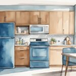 Moderner Kühlschrank mit Wasserspender in einer hellen, zeitgenössischen Küche, während ein Glas mit frischem, kaltem Wasser gefüllt wird.