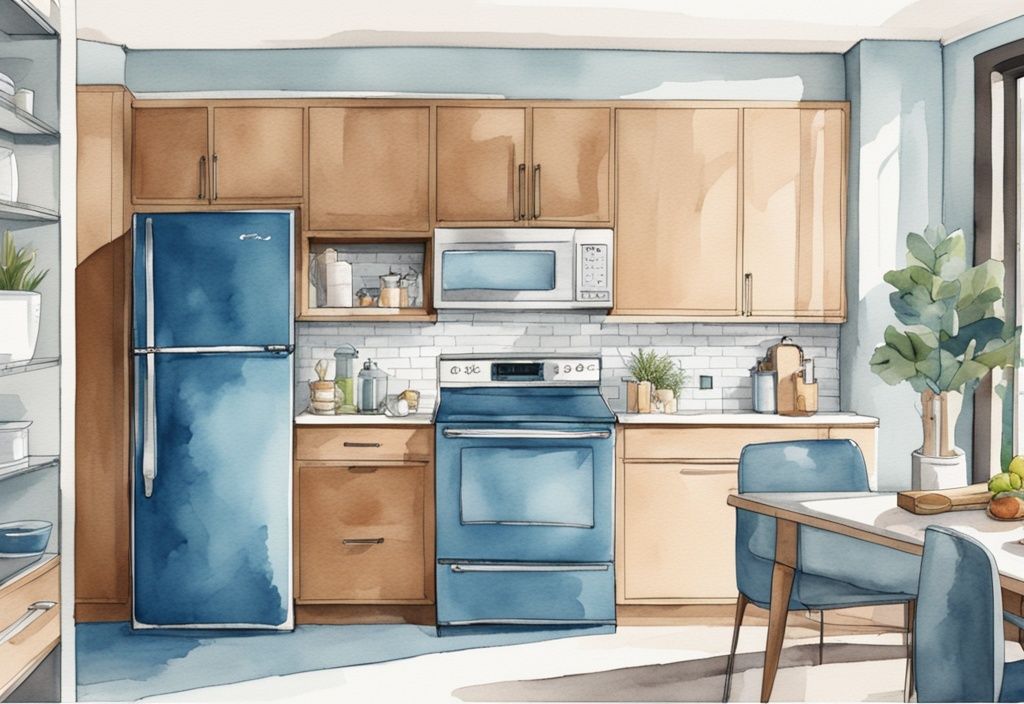 Moderner Kühlschrank mit Wasserspender in einer hellen, zeitgenössischen Küche, während ein Glas mit frischem, kaltem Wasser gefüllt wird.