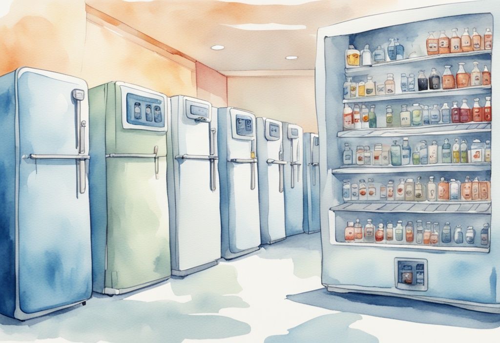 Moderne Aquarellillustration mit blauem Farbschema, die eine Reihe von Mini Kühlschränken zeigt, jeder mit einem digitalen Thermometer, während eine Person die Messwerte aufzeichnet. Perfekt für deinen Mini Kühlschrank Test.