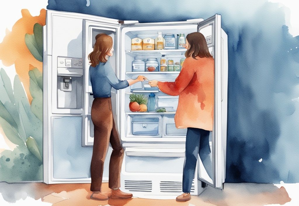 Moderne Aquarellillustration einer Person, die glücklich einen modernen Kühlschrank mit sichtbarem Subventionsschild kauft, Hauptfarbe Blau