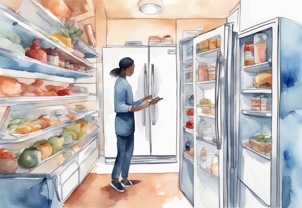Moderne Aquarellillustration eines offenen Einbaukühlschranks voller Lebensmittel, während eine Person mit Klemmbrett ihn inspiziert