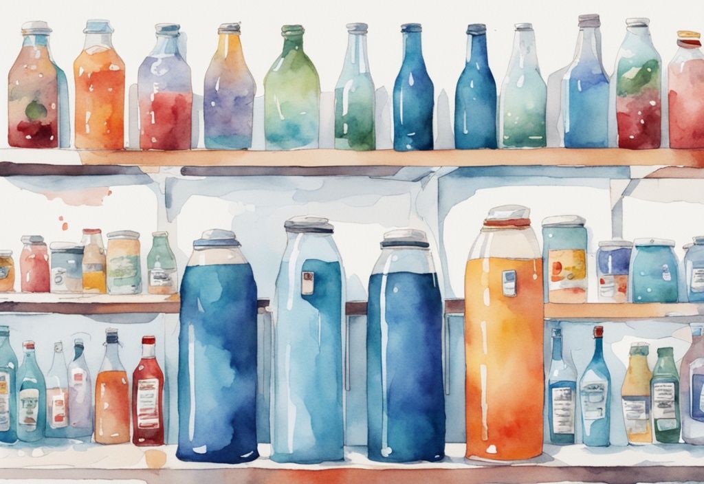 Moderne Aquarellillustration mit blauen Farbtönen, Getränkekühlschränke gefüllt mit verschiedenen Getränken, Person testet die Temperatur eines Kühlschranks.