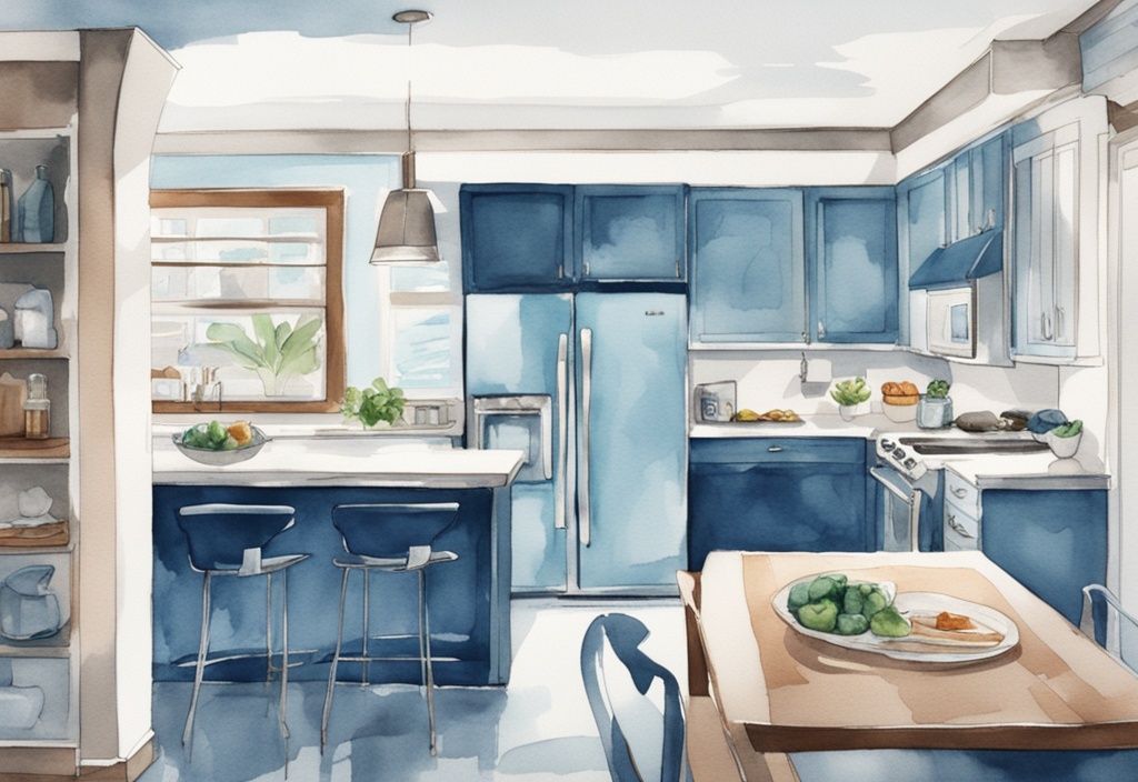 Moderner Kühlschrank mit Fernseher, der eine Kochshow in einer stilvollen Küche zeigt, Aquarellillustration in Blau.