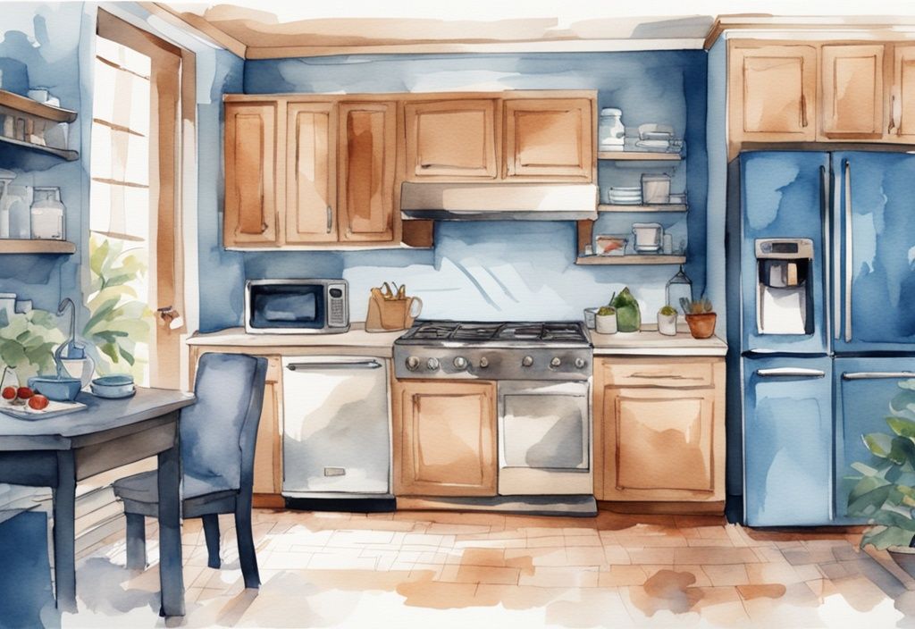 Moderne Aquarellillustration einer modernen Küche mit blauem Farbschema, die einen hochmodernen Kühlschrank mit integriertem TV-Bildschirm zeigt.