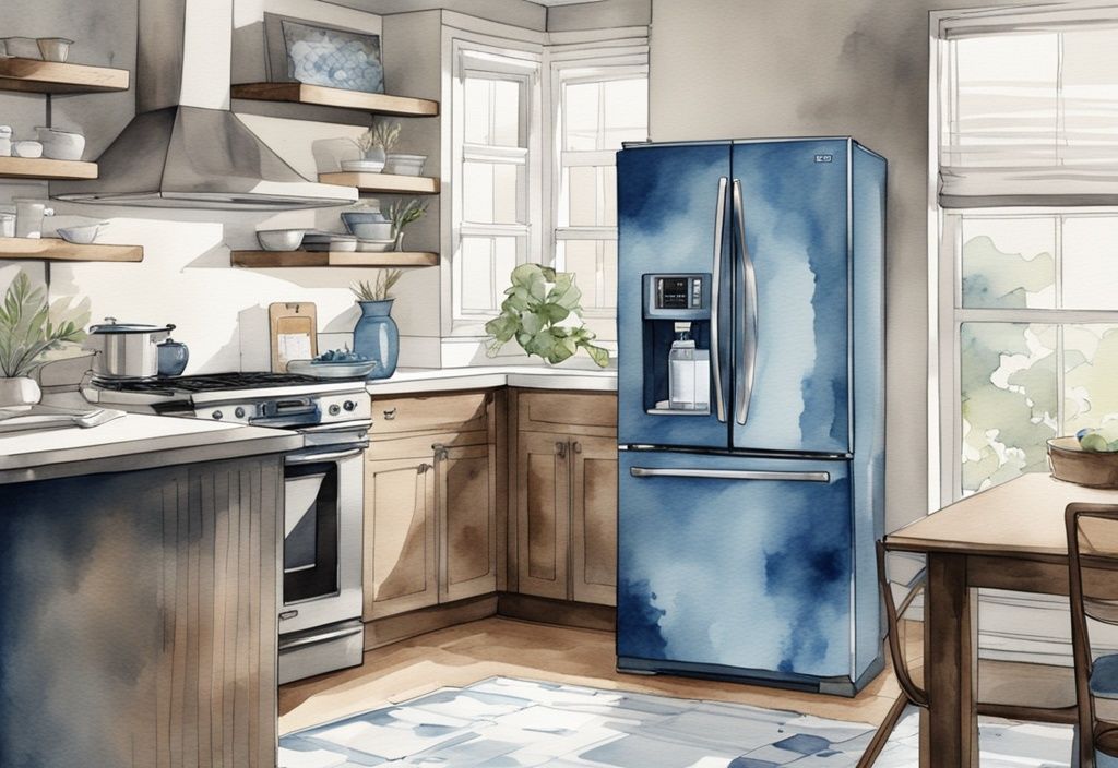 Moderne Aquarellillustration einer stilvollen Küche mit blauem Farbschema, in der ein eleganter Kühlschrank mit integriertem Wasserspender im Mittelpunkt steht.