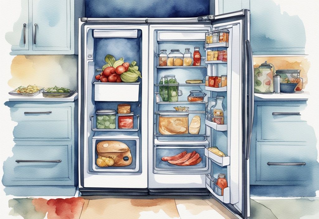 Moderne Aquarellillustration eines Side-by-Side-Kühlschranks mit offenen Türen, die organisierte Fächer mit verschiedenen Lebensmitteln zeigen. Erfahre hier, was ist ein Side by Side Kühlschrank.