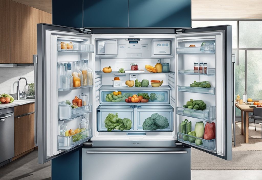 Moderne Aquarell-Illustration einer Küche mit blauem Farbschema und einem offenen Siemens Kühlschrank iQ300, der frische Lebensmittel und Getränke zeigt.